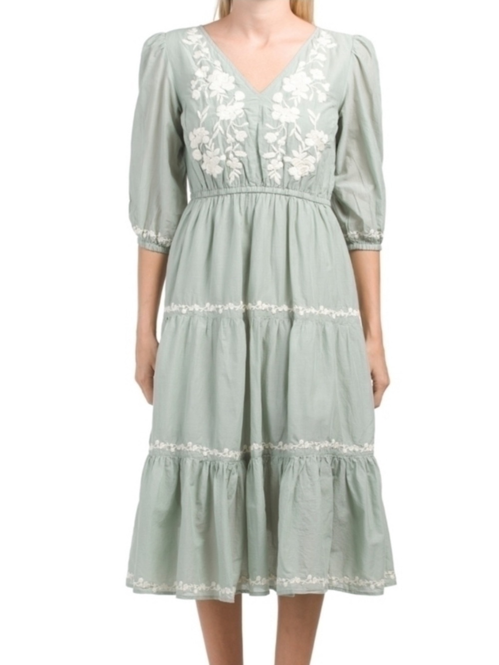 Lucky Brand Sage Green Tiered Midi Skirt with Green Embroidery